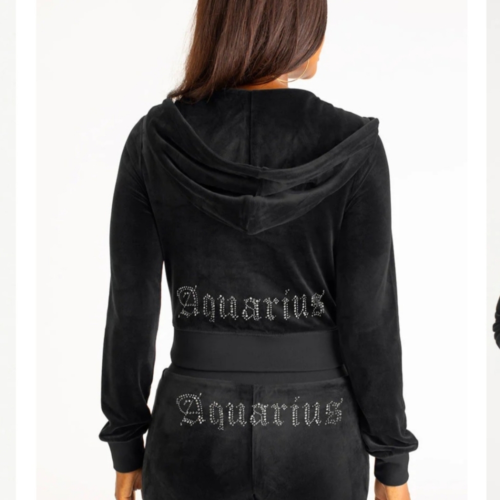 Juicy Couture Velour Black Tracksuit AQUARIUS Zodiac Set Hoodie & Pants Size S